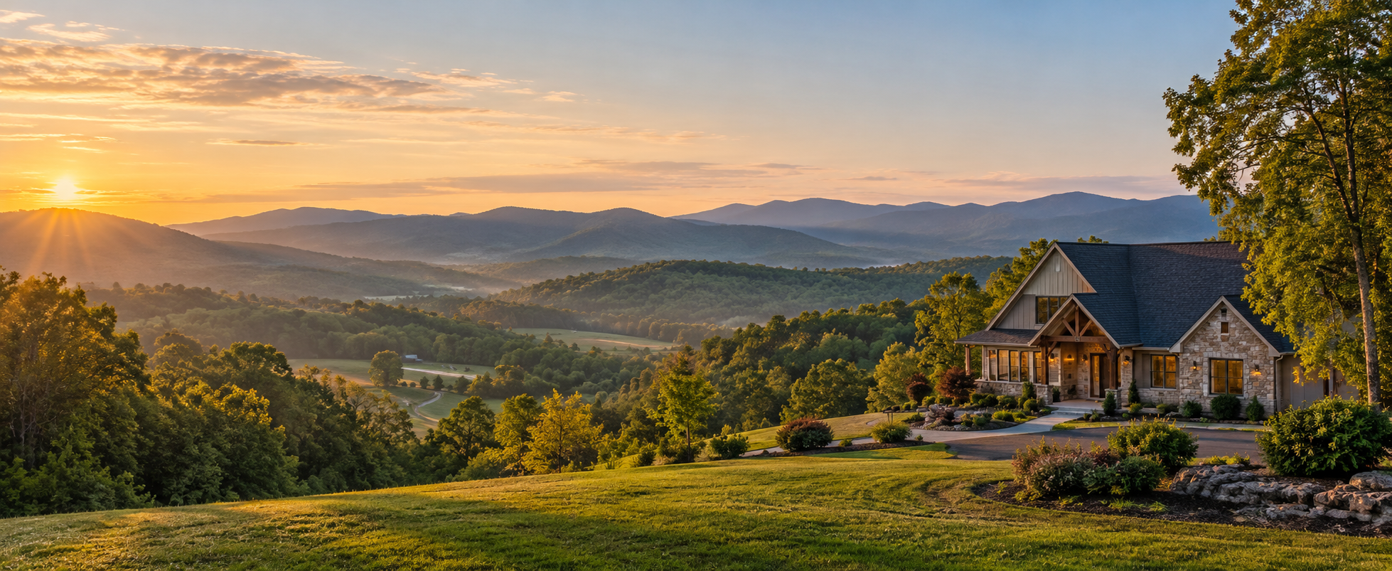 East Tennessee foothills and a craftsman home at sunrise